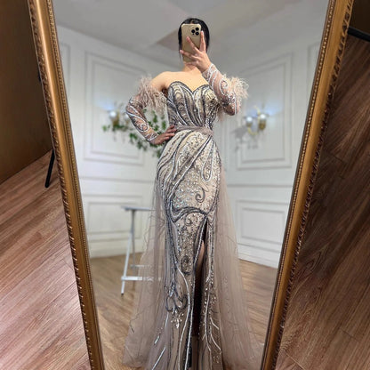 Luxury Arabic Nude Mermaid High Split Feather Beaded Evening Dress LA71910 - SERENE HILL
