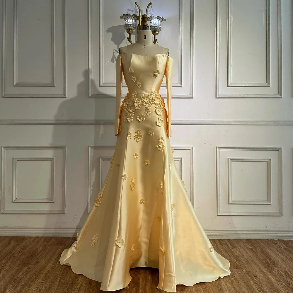 Luxury Dubai Arabia Yellow A-Line Satin Appliques Evening Dresses Gowns for Formal Occasion LA72833 - SERENE HILL