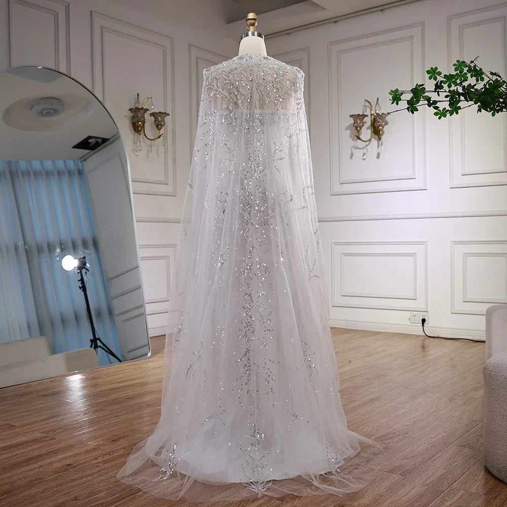 Luxury White Dubai Arabia Beading Evening Dress With Cape LA72870 - SERENE HILL