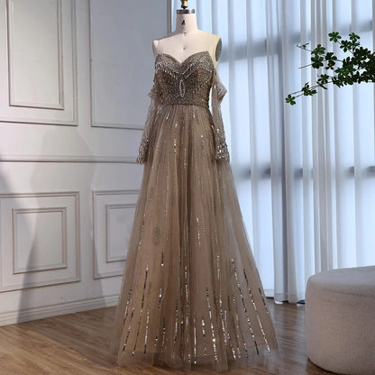 Luxury Caramel Crystal Beaded Long Sleeve Mermaid Evening Dress LA73130 - SERENE HILL