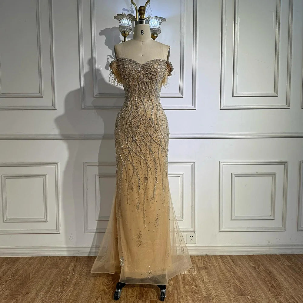 Luxury Nude Beaded Feather Mermaid Evening Dress Dubai Style LA72818 - SERENE HILL