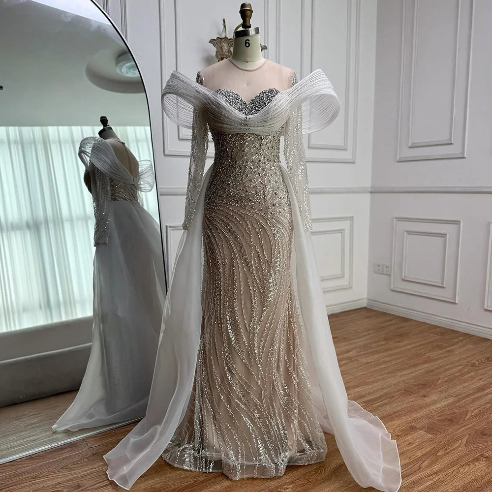 Elegant White Nude Sequin Beaded Mermaid Evening Gown LA72266C - SERENE HILL