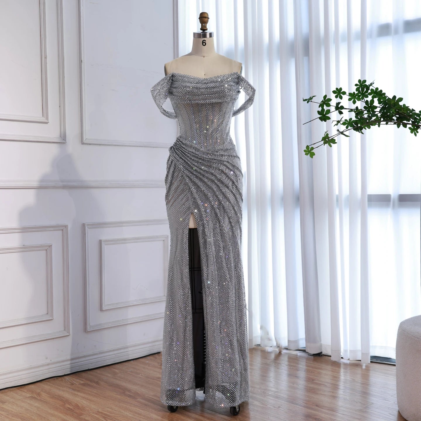 Luxury Silver Diamond Corset Off Shoulder Mermaid Evening Dress LA73410 Silver / 10