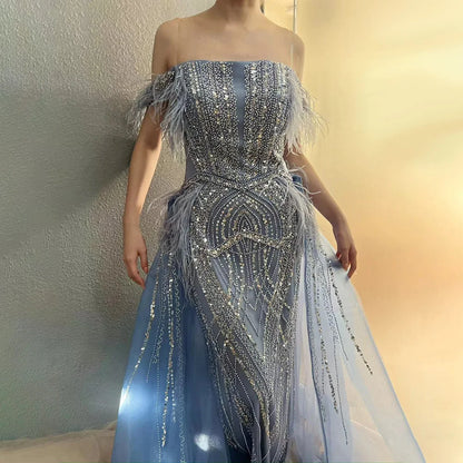 Luxury Dubai Blue Mermaid Gown Luxury Feathers Beaded Saudi Evening Dress with Overlay Skirt for Formal Occasion LA72727 - SERENE HILL