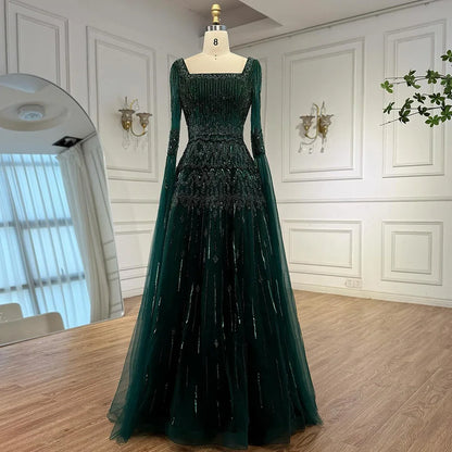 Luxury Green A-LineBeaded Evening Dress with Cape Sleeves LA73089 - SERENE HILL