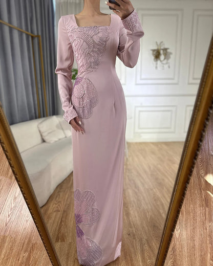 Serene Hill 2025 Arabic Pink Mermaid Elegant Beaded Satin Luxury Dubai Evening Dresses Gowns For Women Party LA72001A - SERENE HILL