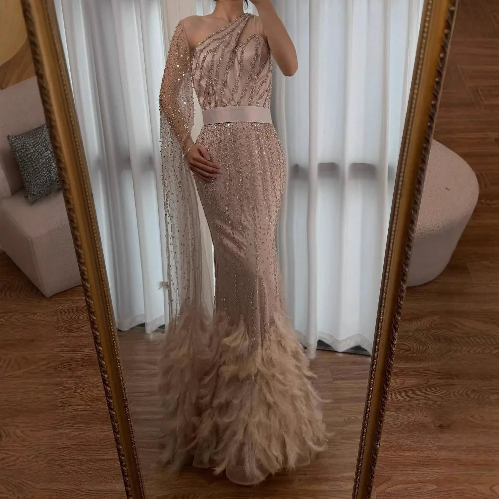 Elegant Nude One Shoulder Feather Beaded Mermaid Evening Dress LA71096 - SERENE HILL