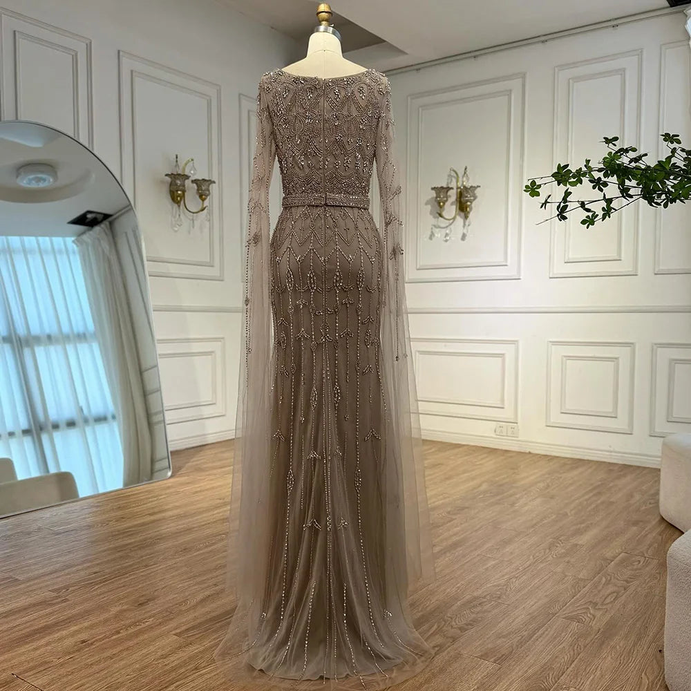Luxury Arabic Caramel Beaded Evening Dress with Cape Sleeves LA72966A - SERENE HILL