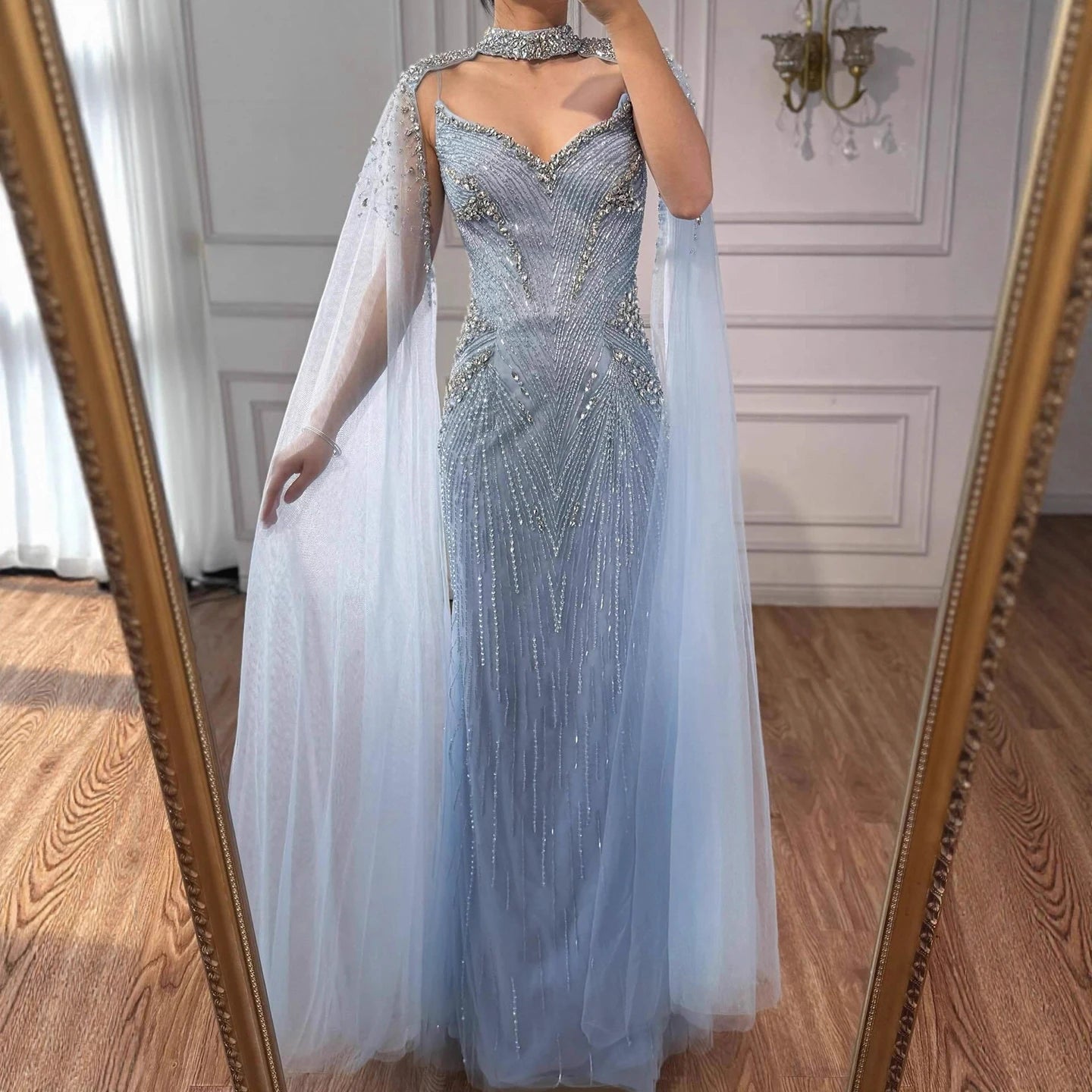 Luxury Arabic Nude Beaded Evening Dress with Cape Sleeves LA73173 - SERENE HILL