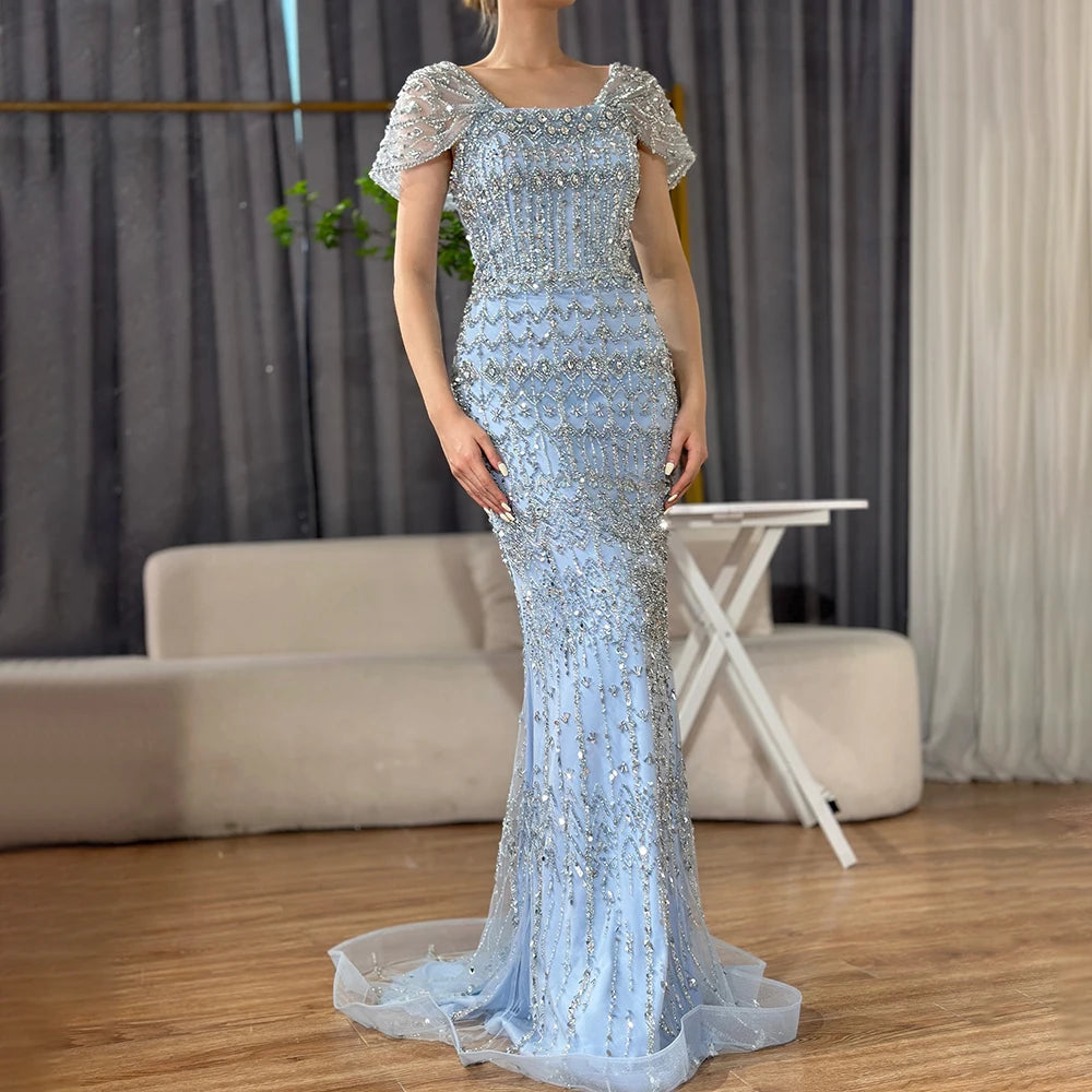 Luxury Dubai White Mermaid Beaded Evening Dress with Cape Sleeves LA72714 - SERENE HILL