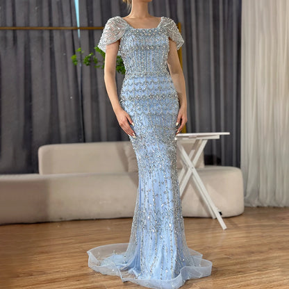 Luxury Dubai White Mermaid Beaded Evening Dress with Cape Sleeves LA72714 - SERENE HILL