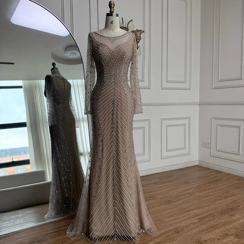 Luxury Arabic Silver Nude Beaded Mermaid Long Sleeve Evening Dress LA73132 - SERENE HILL