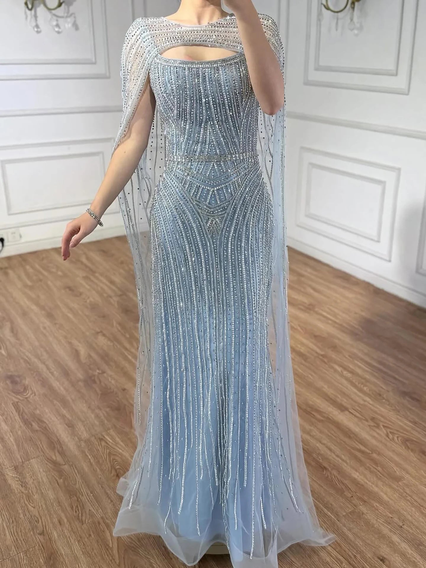 Luxury Blue Diamond Evening Dress With Cape LA73426 - SERENE HILL