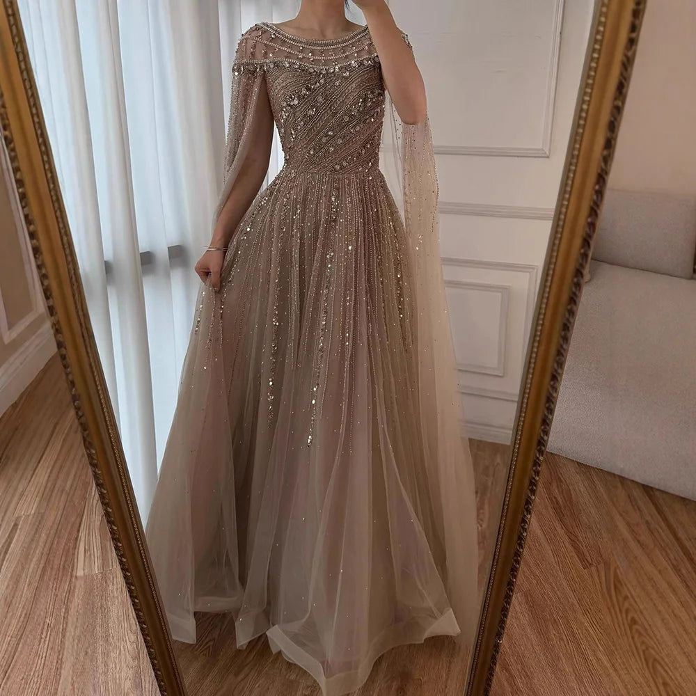 Luxury Caramel Beaded Evening Dress with Cape LA72994 - SERENE HILL