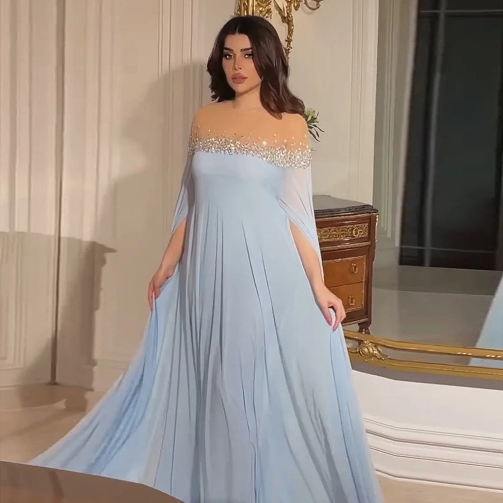 Luxury Dubai Arabic Luxury Crystal Dubai A-Line Baby Blue Evening Dress with Elegant Kaftan for Formal Occasion LA72766 - SERENE HILL
