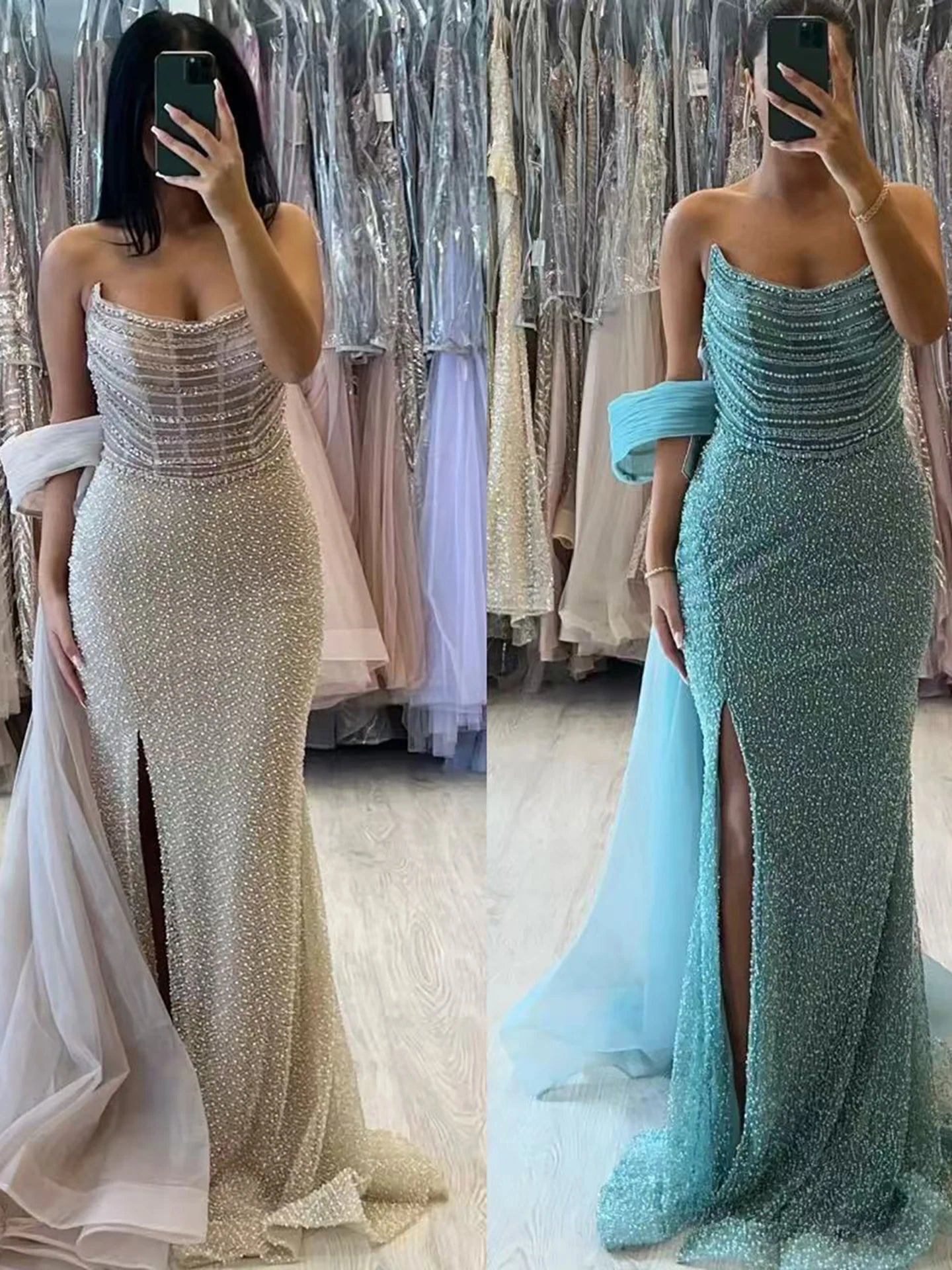 Luxury Evening Dress Nude BeadedSheath Gown With Tulle Train LA73388 - SERENE HILL