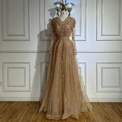 Luxury Nude A Line Beaded Evening Dress for Formal Occasion LA71803D - SERENE HILL