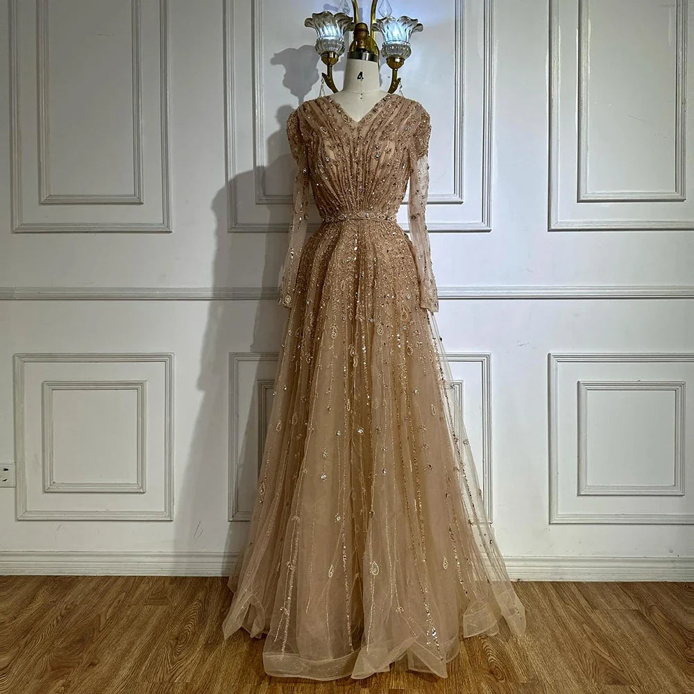 Luxury Nude A Line Beaded Evening Dress for Formal Occasion LA71803D - SERENE HILL