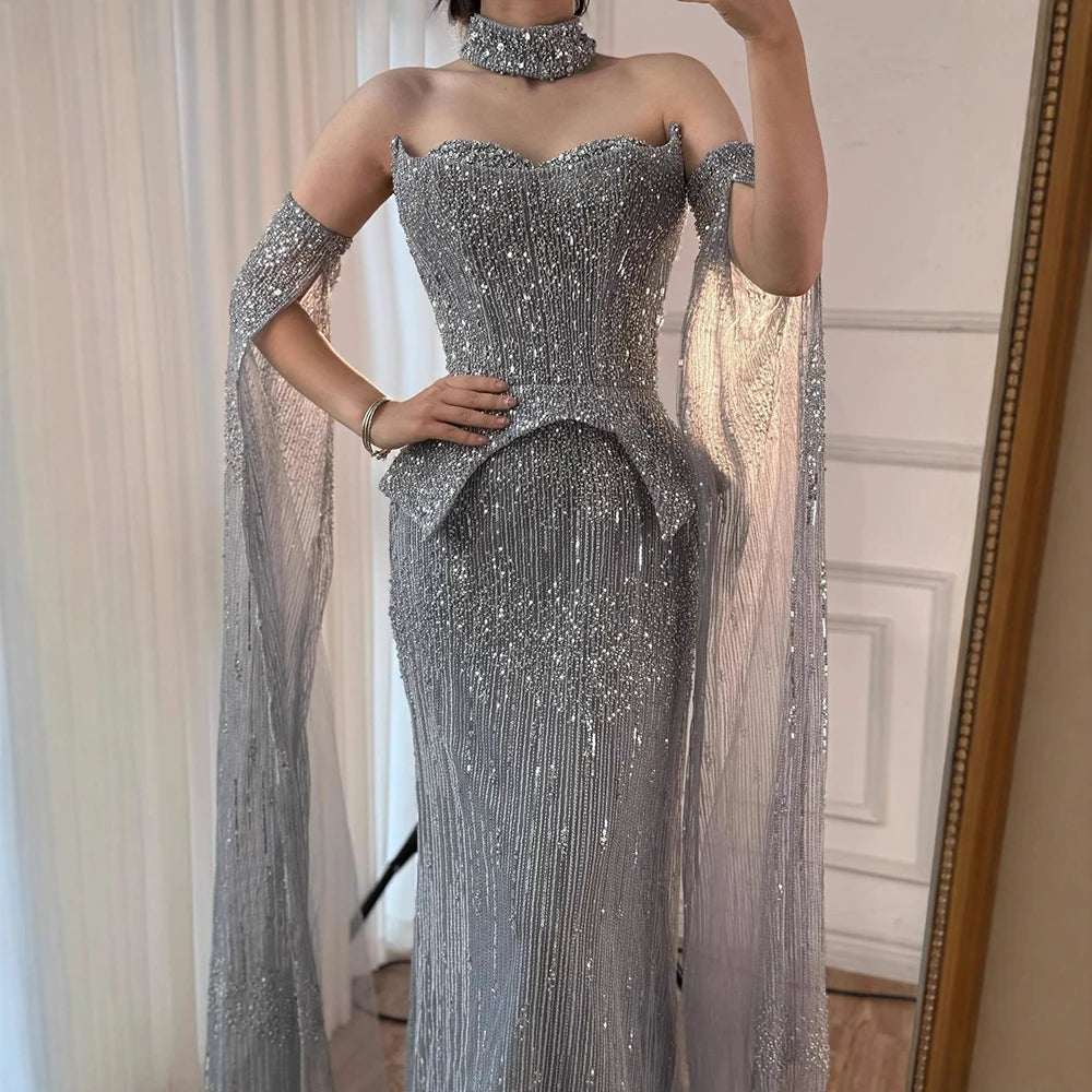 Luxury Gray Beaded Off-Shoulder Evening Dress with Cape Sleeves LA73076 - SERENE HILL
