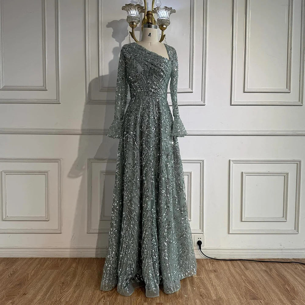 Luxury Turquoise Beaded A-Line Evening Dress with Puffy Sleeves LA73177 - SERENE HILL