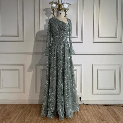 Luxury Turquoise Beaded A-Line Evening Dress with Puffy Sleeves LA73177 - SERENE HILL