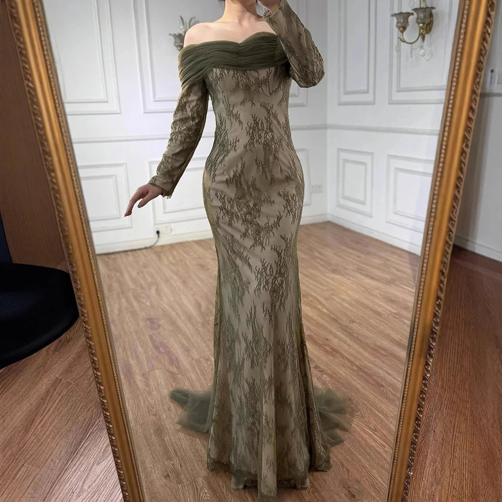 Elegant Olive Green Evening Dress with Lace Sleeves LA72942 Olive Green / 4 Elegant Olive Green Evening Dress with Lace Sleeves LA72942 Olive Green / 4