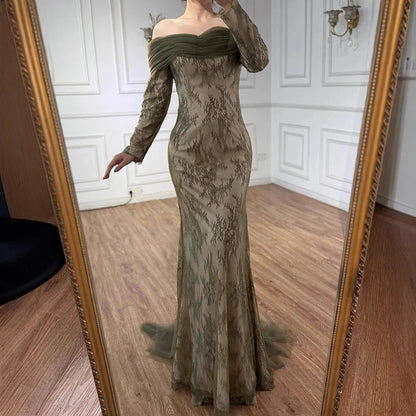 Elegant Olive Green Evening Dress with Lace Sleeves LA72942 - SERENE HILL