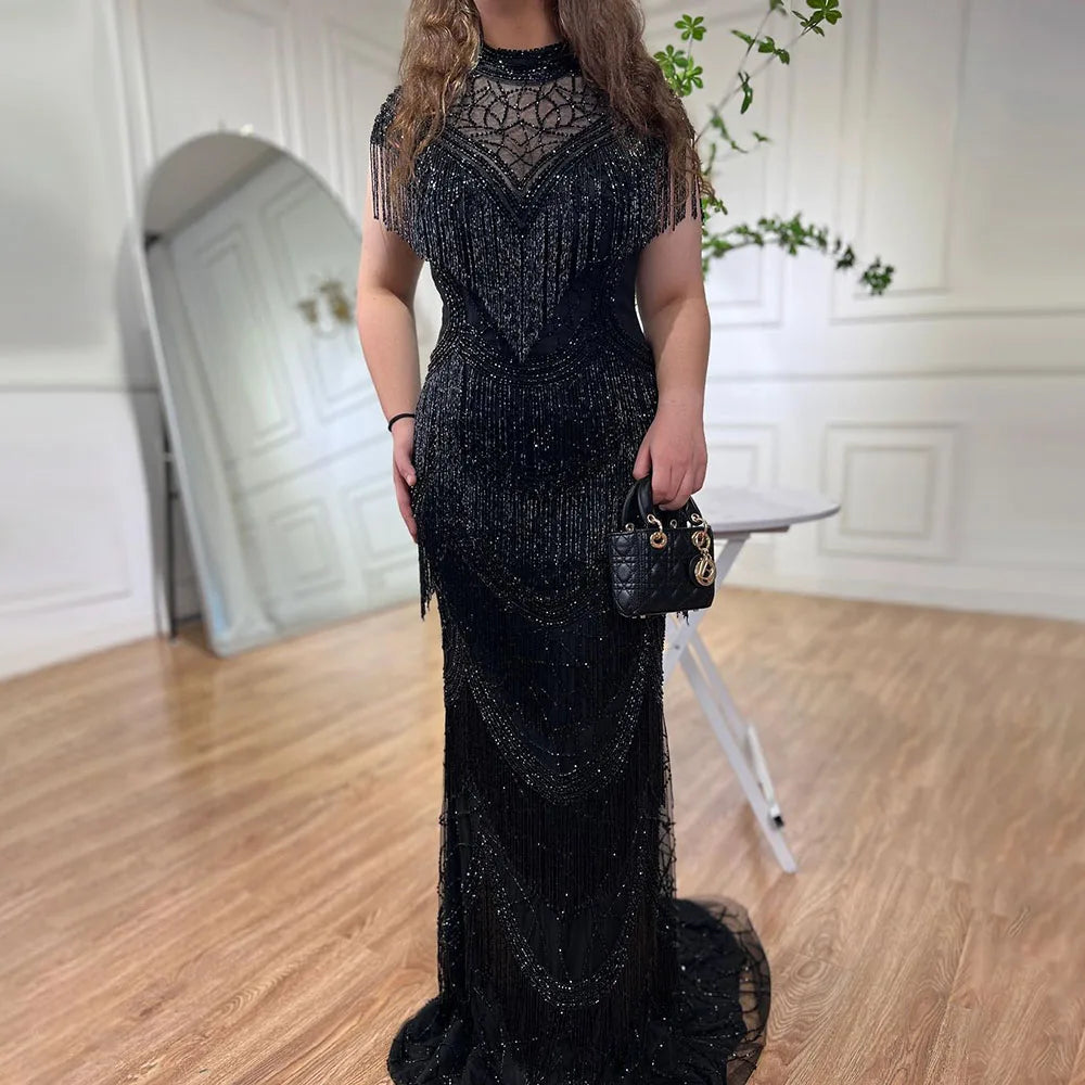 Serene Hill Grey Mermaid Luxury Evening Dresses Gowns Cap Sleeves Beading Tassel Sexy For Women Party 2025 LA70529 - SERENE HILL