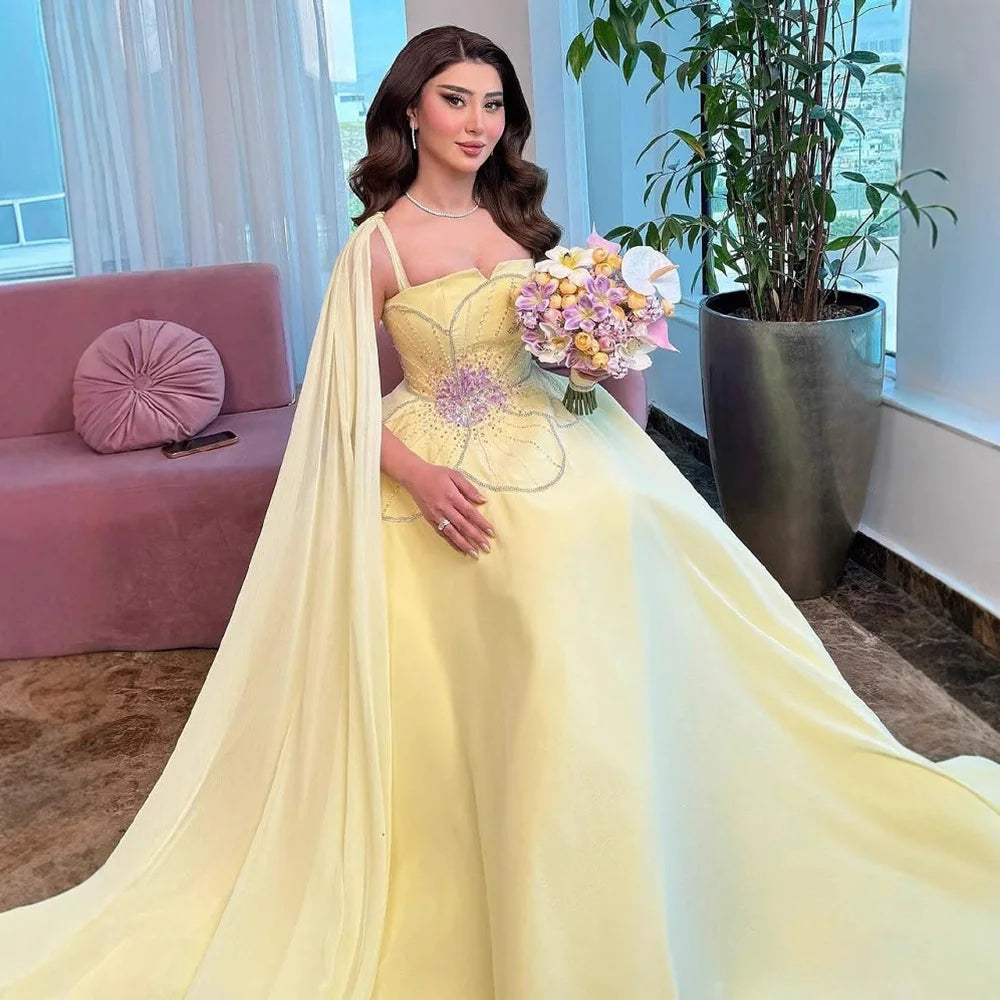 Luxury Yellow A Line Evening Dress with Cape LA73045 - SERENE HILL