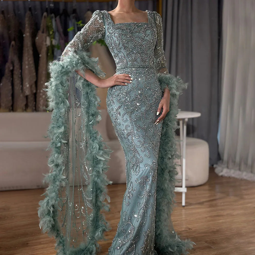 Luxury Turquoise Beaded Mermaid Evening Dress with Flared Sleeves and Feathers LA72767 - SERENE HILL