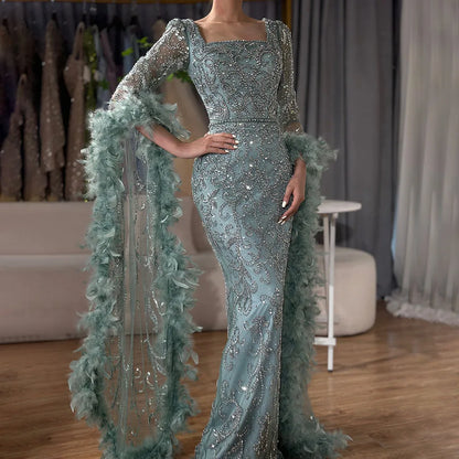 Luxury Turquoise Beaded Mermaid Evening Dress with Flared Sleeves and Feathers LA72767 - SERENE HILL