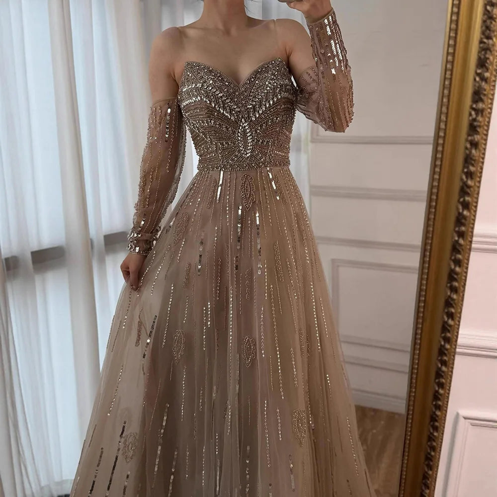 Luxury Caramel Crystal Beaded Long Sleeve Mermaid Evening Dress LA73130 - SERENE HILL