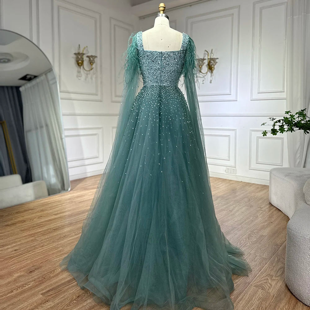 Luxury Blue A-Line Feathers Beaded Evening Dress with Cape Sleeves LA71782A - SERENE HILL