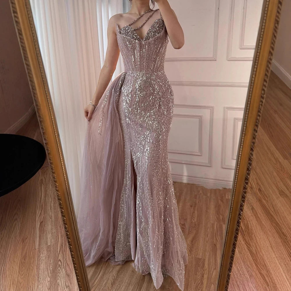 Luxury Nude Crystal Beaded One-Shoulder Evening Dress with Overskirt LA73161 - SERENE HILL