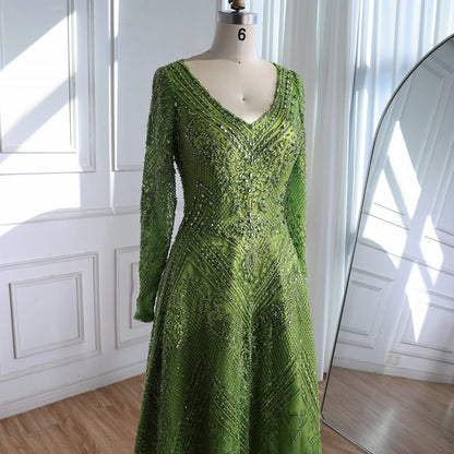 Luxury Lime Green Lace Beaded Long Sleeve Evening Dress LA73324 - SERENE HILL