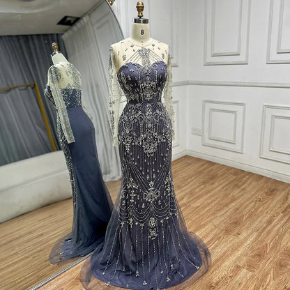Luxury Dubai Blue Crystal Beaded Evening Dress with Overskirt LA72757 - SERENE HILL