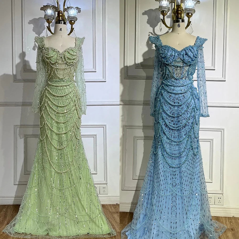 Serene Hill Arabic Sage Green Sweetheart Mermaid Pearls Beaded Luxury Dubai Evening Gown for Women&