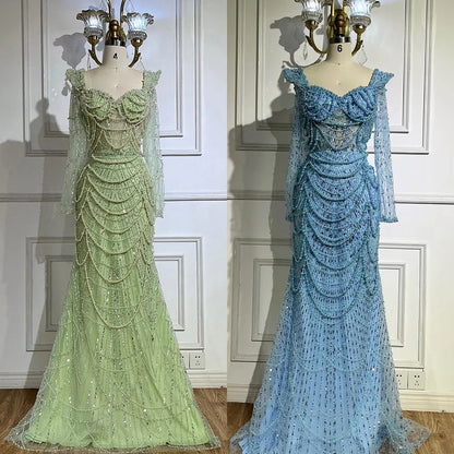 Serene Hill Arabic Sage Green Sweetheart Mermaid Pearls Beaded Luxury Dubai Evening Gown for Women&