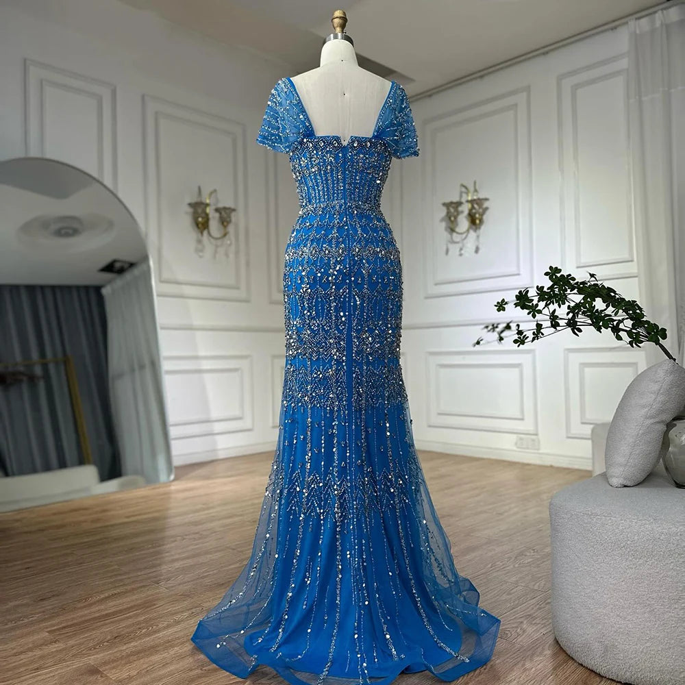 Luxury Dubai White Mermaid Beaded Evening Dress with Cape Sleeves LA72714 - SERENE HILL