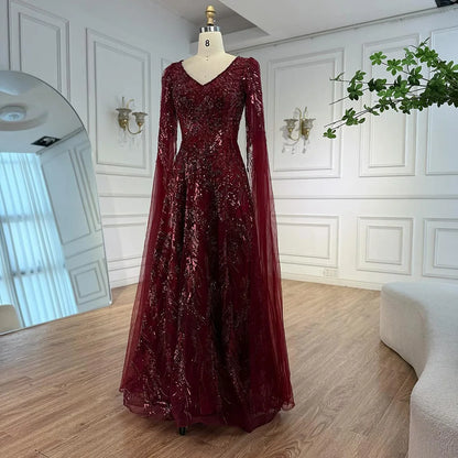 Luxury Wine Red A-Line Luxury Beaded Evening Dress with Cape LA73127 - SERENE HILL