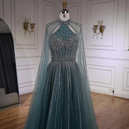 Luxury Beaded A-Line Evening Dress with Cape Sleeves LA73054 - SERENE HILL