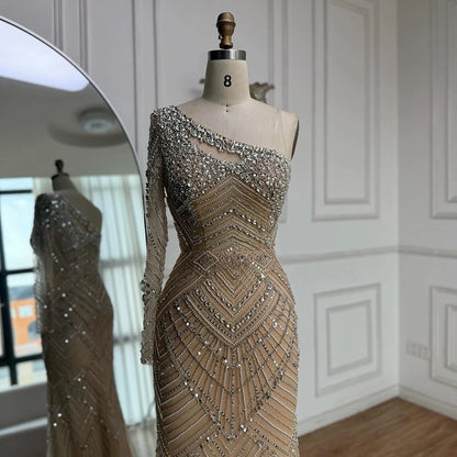 Luxury Nude One Shoulder Long Sleeve Beaded Evening Dress LA73180 - SERENE HILL