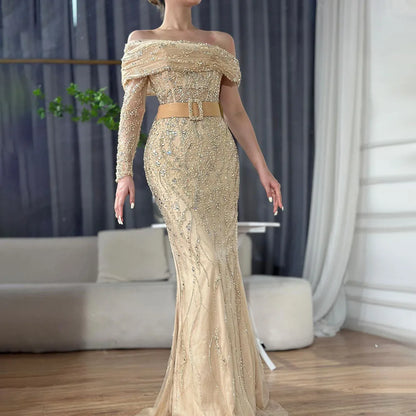 Serene Hill Arabic Nude Mermaid One Shoulder Beaded Luxury Dubai Evening Dresses Gowns For Women Wedding Party 2025 LA72161 - SERENE HILL