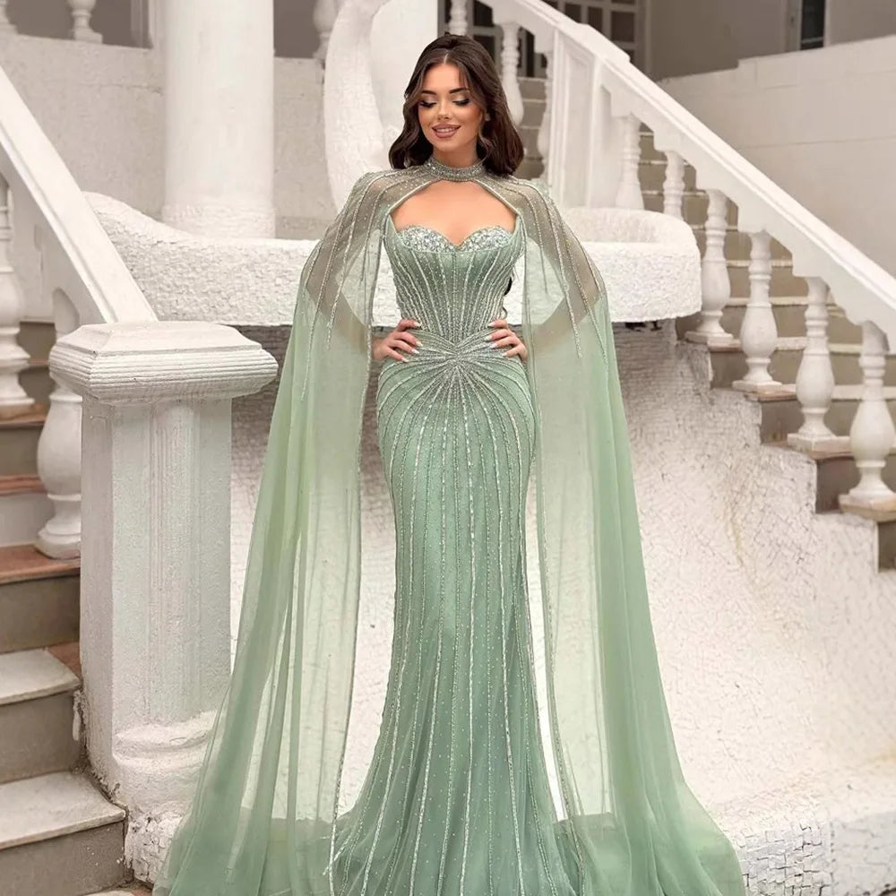 Nude Luxury Beaded Mermaid Evening Gown with Cape Sleeves LA72811A - SERENE HILL