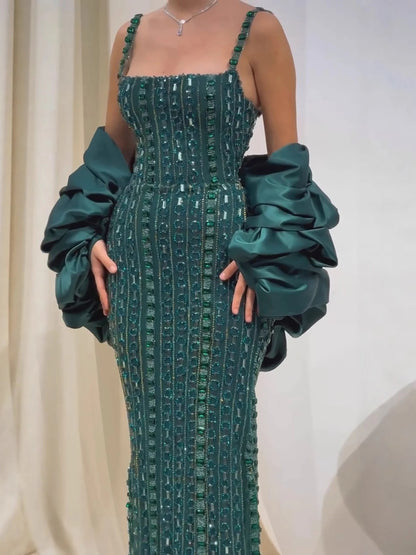 Luxury Kosovo Green Square Beaded Evening Dress with Cape LA73355 - SERENE HILL