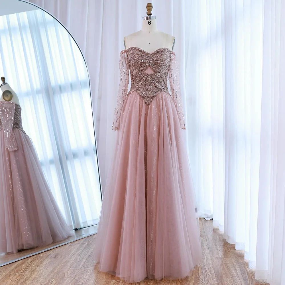 Luxury Nude Off Shoulder A-Line Beaded Evening Dress LA73038 - SERENE HILL