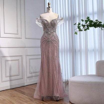Luxury Pink Crystal Tassel Off Shoulder Evening Dress Dubai LA73204 - SERENE HILL