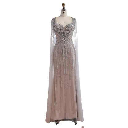 Luxury Caramel Beaded Evening Dress With Cape LA72992A - SERENE HILL