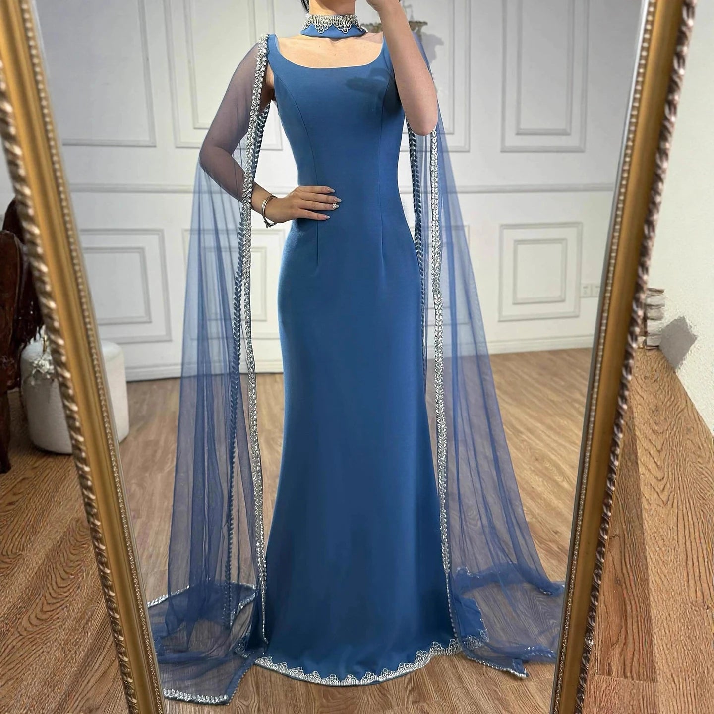 Luxury Blue Mermaid Beaded Evening Dress with Cape Sleeves LA72086 - SERENE HILL