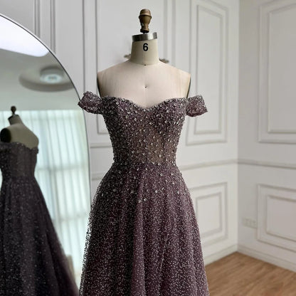 Caramel Off Shoulder A-Line Arabic Evening Dress LA72147B - SERENE HILL